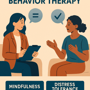 اثربخشی رفتار درمانی دیالکتیکی جلسه‌ای بین یک درمانگر و مراجع را نشان می‌دهد: درمانگر زن با موهای آبی تیره، کت نارنجی و شلوار سرمه‌ای، در حال یادداشت‌برداری با حالت چهره‌ای آرام و شنوا. مراجع زن با موهای فر و لباس سبز-قهوه‌ای، با حالت چهره‌ای نگران و درگیر، در حال صحبت و اشاره با دست.