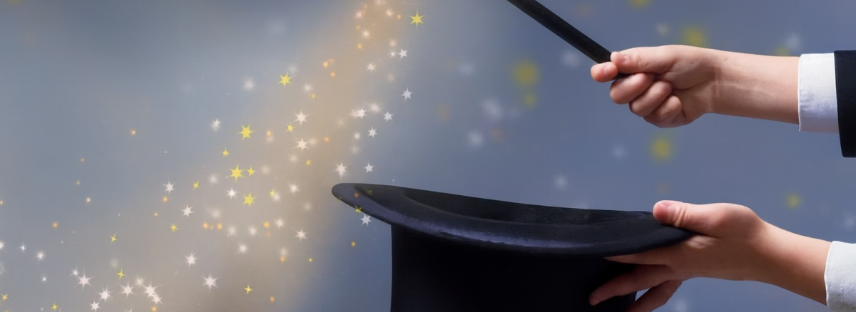 «دست‌های یک جادوگر در حال اجرای حقه جادویی با یک چوب جادویی درخشان و یک کلاه سیاه، در پس‌زمینه‌ای پر از ستاره‌های نورانی و افکت‌های جادویی.» برای تفکر جادویی در وسواس