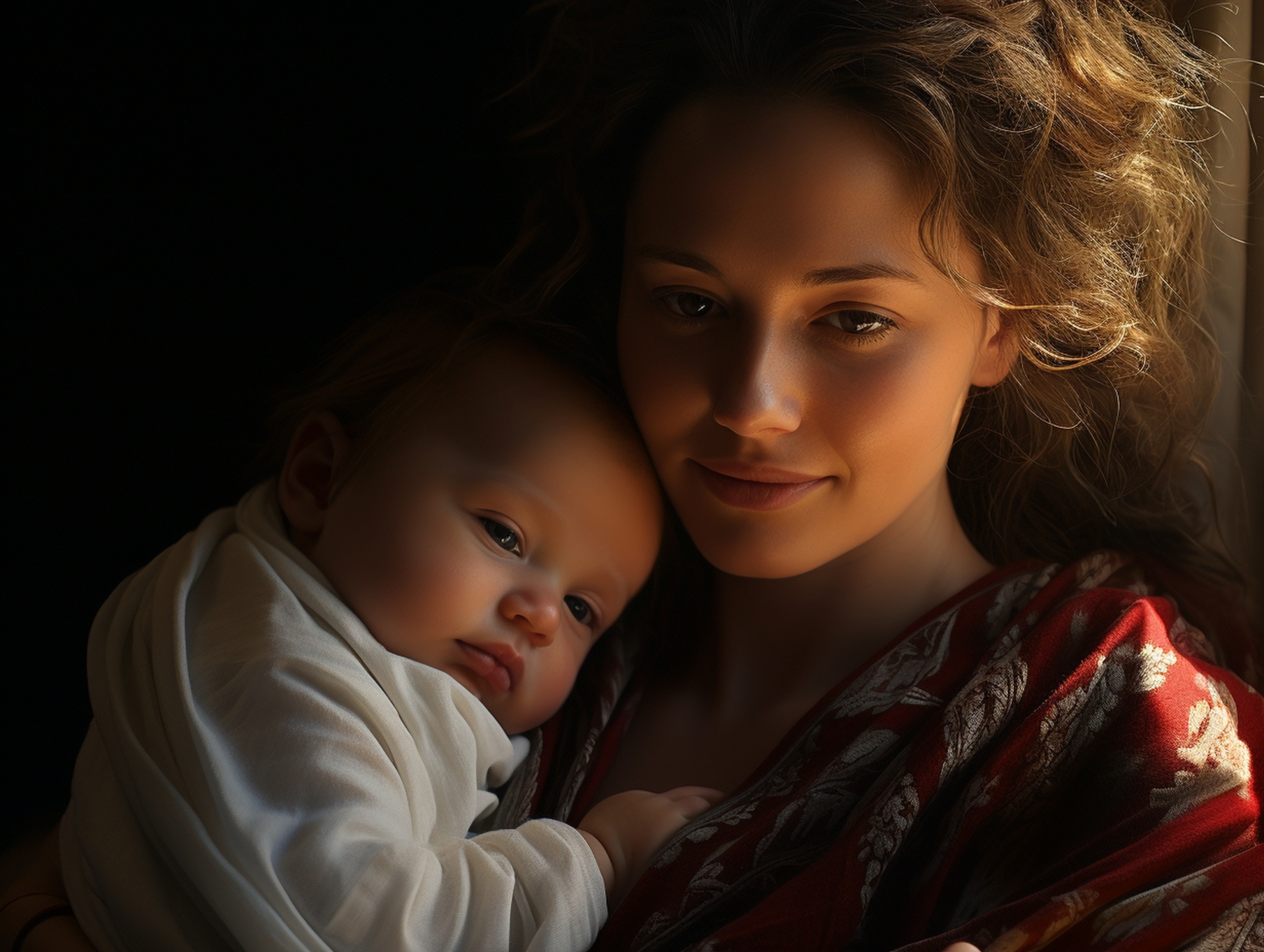 کودکی با لباس سفید در آغوش مادری با لباس قرمز و موهای طلایی برای نشان دادن دلبستگی ایمن در کودکان