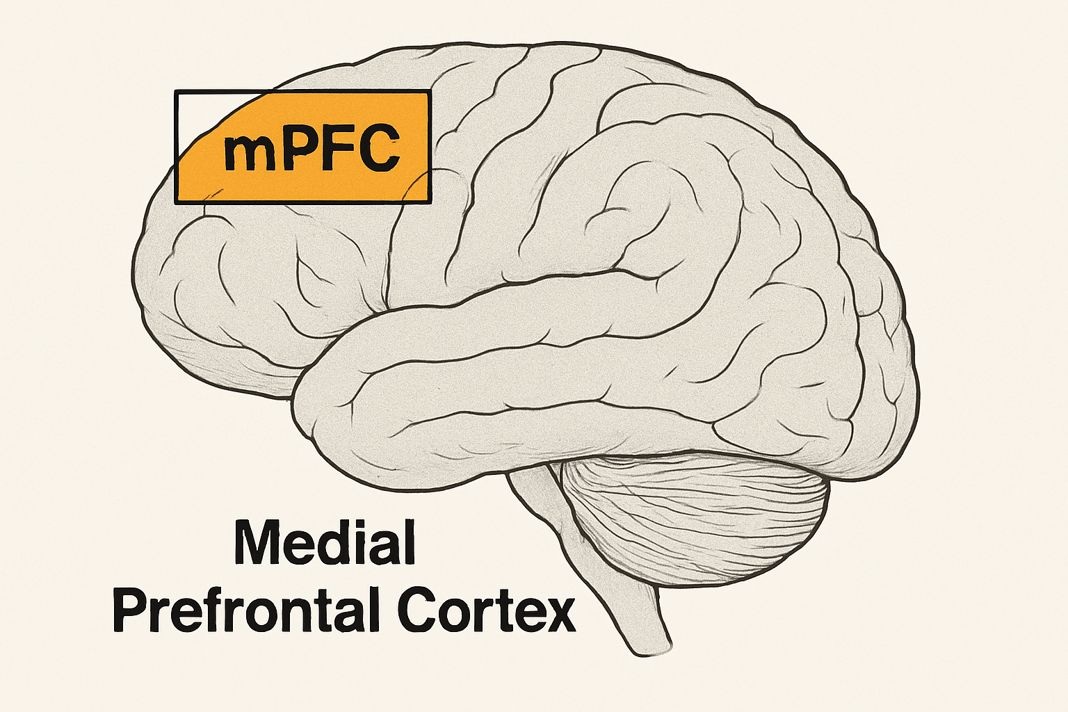 تصویر MRI مغز با کیفیت بالا آماده است ✅ در این نسخه، ساختارهای آناتومیک مغز با وضوح و جزئیات بیشتری نمایش داده شدهاند، و ناحیهی mPFC با مربع رنگی زرد-نارنجی مشخص شده است. این تصویر برای آموزشهای علوم اعصاب یا تحلیلهای پژوهشی بسیار مناسب است.