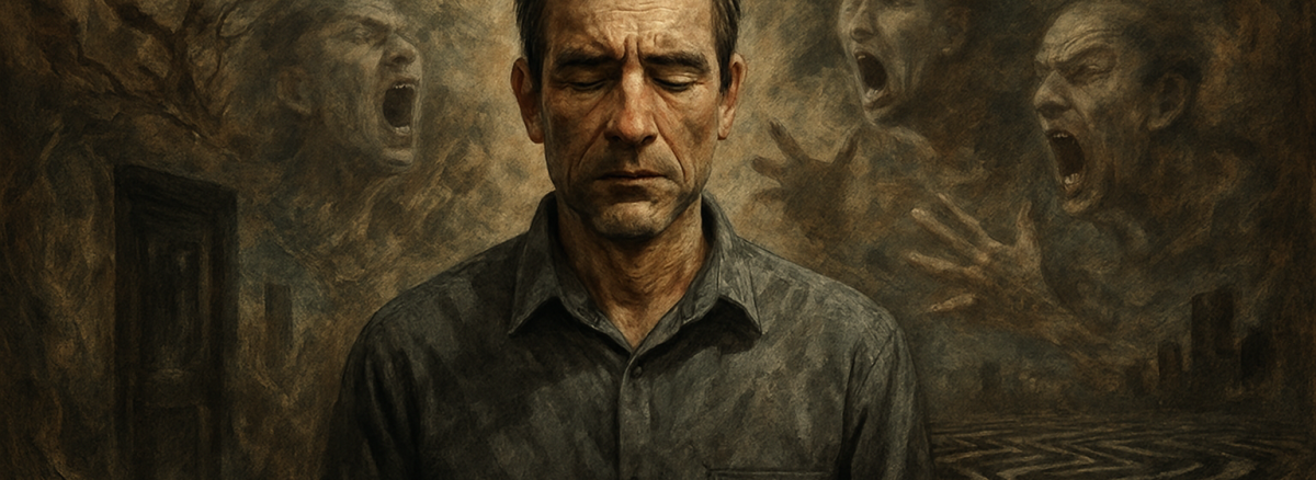 اسکیزوفرنی چیست؟ وقتی مغز واقعیت را متفاوت پردازش می‌کند. نقاشی سوررئال از فردی با چشمان گشاد و حالت ترس، احاطه‌شده با رنگ‌های متضاد و اشکال انتزاعی.