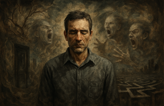 اسکیزوفرنی چیست؟ وقتی مغز واقعیت را متفاوت پردازش می‌کند. نقاشی سوررئال از فردی با چشمان گشاد و حالت ترس، احاطه‌شده با رنگ‌های متضاد و اشکال انتزاعی.