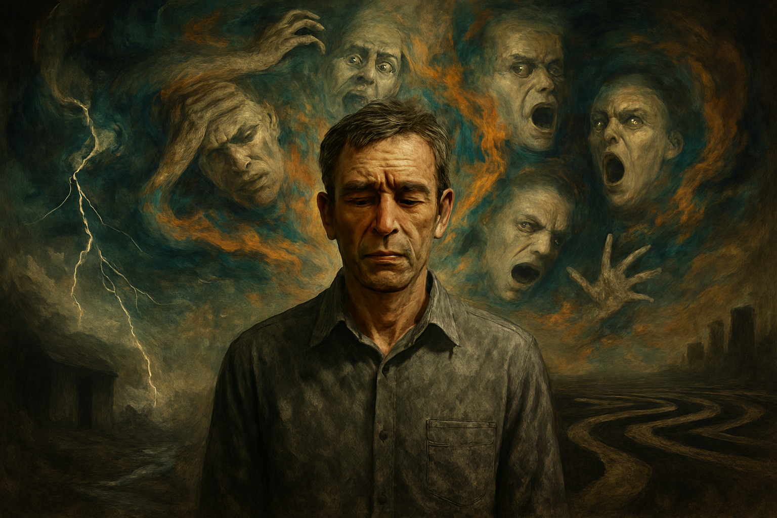 تصویر مردی با چهره‌ای متفکر در میان چهره‌های محو و خیالی، نماد تجربه ذهنی اسکیزوفرنی.