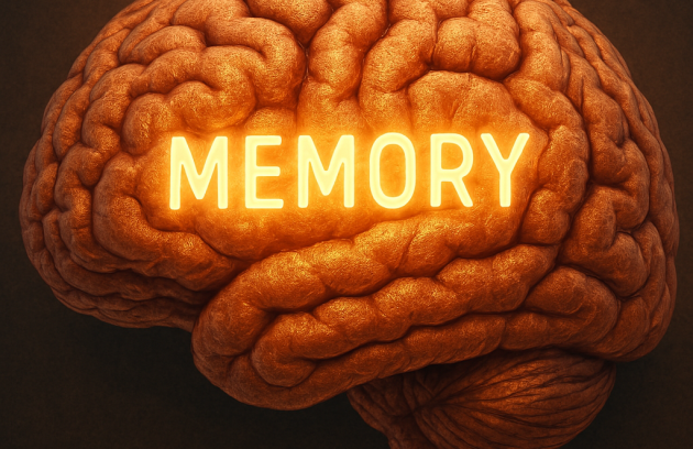 «تصویر دیجیتال مغز انسان با جزئیات بالا، نمایش‌دهنده چین‌خوردگی‌های طبیعی قشر مغز. واژه "MEMORY" با نور طلایی در مرکز مغز می‌درخشد، نمادی از عملکرد حافظه و شبکه‌های عصبی فعال. رنگ‌های گرم نارنجی و قرمز حس زندگی، انرژی و پیچیدگی ذهن را منتقل می‌کنند.»